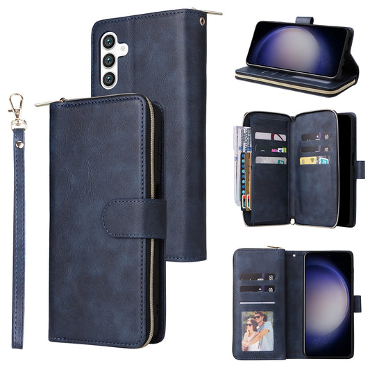 Samsung Galaxy S24 5G Leather Wallet Case with 9 Card Slots, Zipped Cash Pocket & Kickstand - Premium PU TPU Protective Cover with Wrist Strap