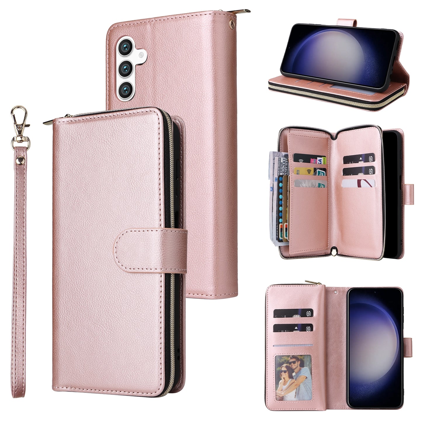 Samsung Galaxy S24 5G Leather Wallet Case with 9 Card Slots, Zipped Cash Pocket & Kickstand - Premium PU TPU Protective Cover with Wrist Strap