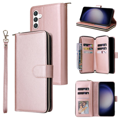 Samsung Galaxy S24 5G Leather Wallet Case with 9 Card Slots, Zipped Cash Pocket & Kickstand - Premium PU TPU Protective Cover with Wrist Strap