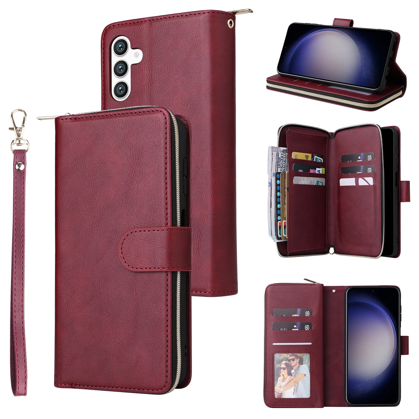 Samsung Galaxy S24 5G Leather Wallet Case with 9 Card Slots, Zipped Cash Pocket & Kickstand - Premium PU TPU Protective Cover with Wrist Strap