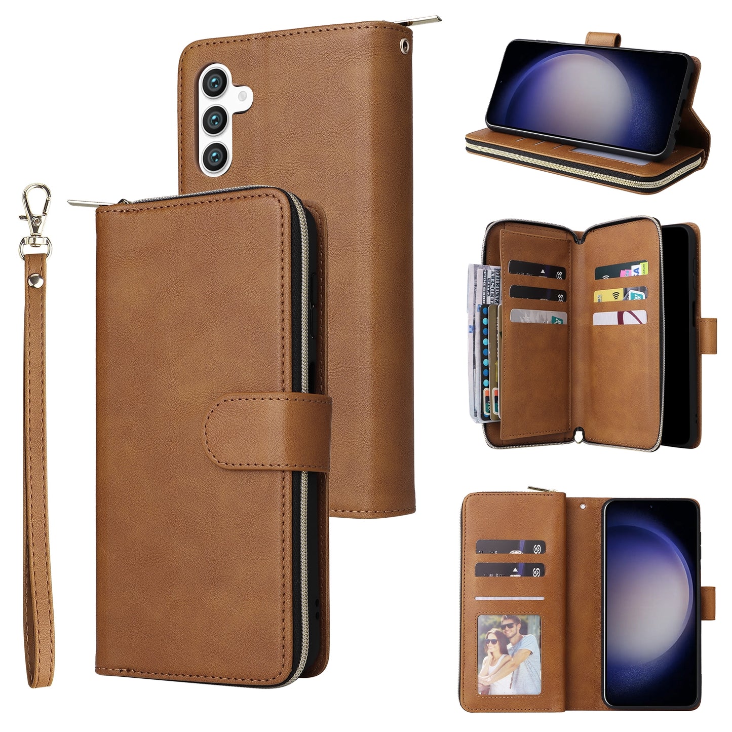 Samsung Galaxy S24 5G Leather Wallet Case with 9 Card Slots, Zipped Cash Pocket & Kickstand - Premium PU TPU Protective Cover with Wrist Strap