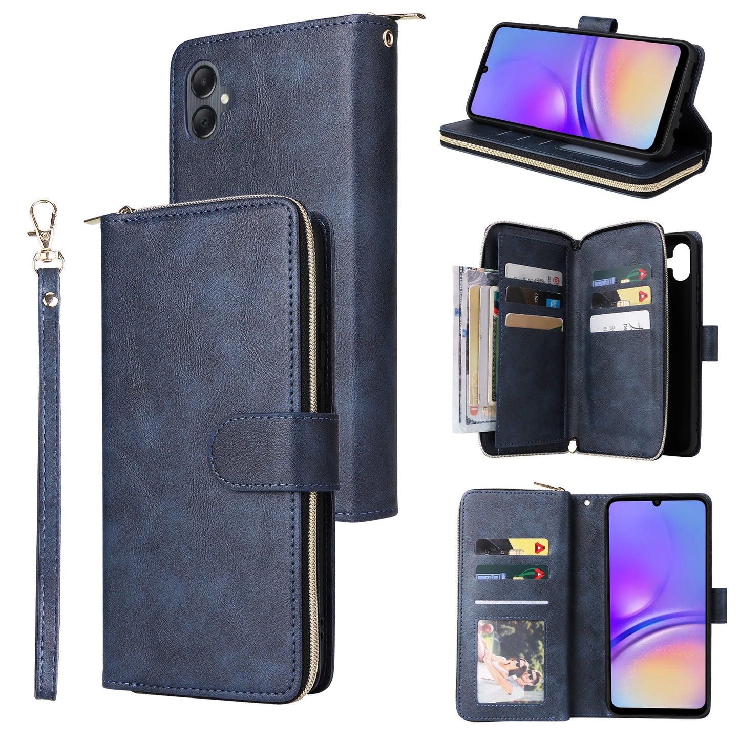 Samsung Galaxy A05 Leather Wallet Case with 9 Card Slots, Zipped Cash Pocket & Kickstand - Premium PU TPU Protective Cover with Wrist Strap