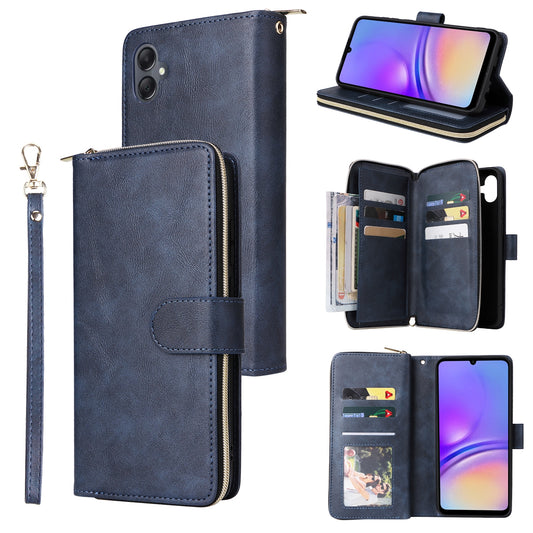 Samsung Galaxy A05 Leather Wallet Case with 9 Card Slots, Zipped Cash Pocket & Kickstand - Premium PU TPU Protective Cover with Wrist Strap