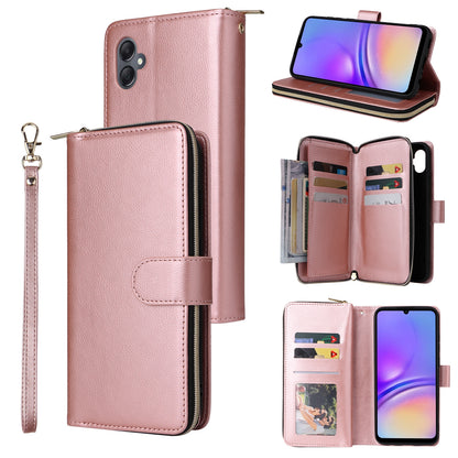 Samsung Galaxy A05 Leather Wallet Case with 9 Card Slots, Zipped Cash Pocket & Kickstand - Premium PU TPU Protective Cover with Wrist Strap