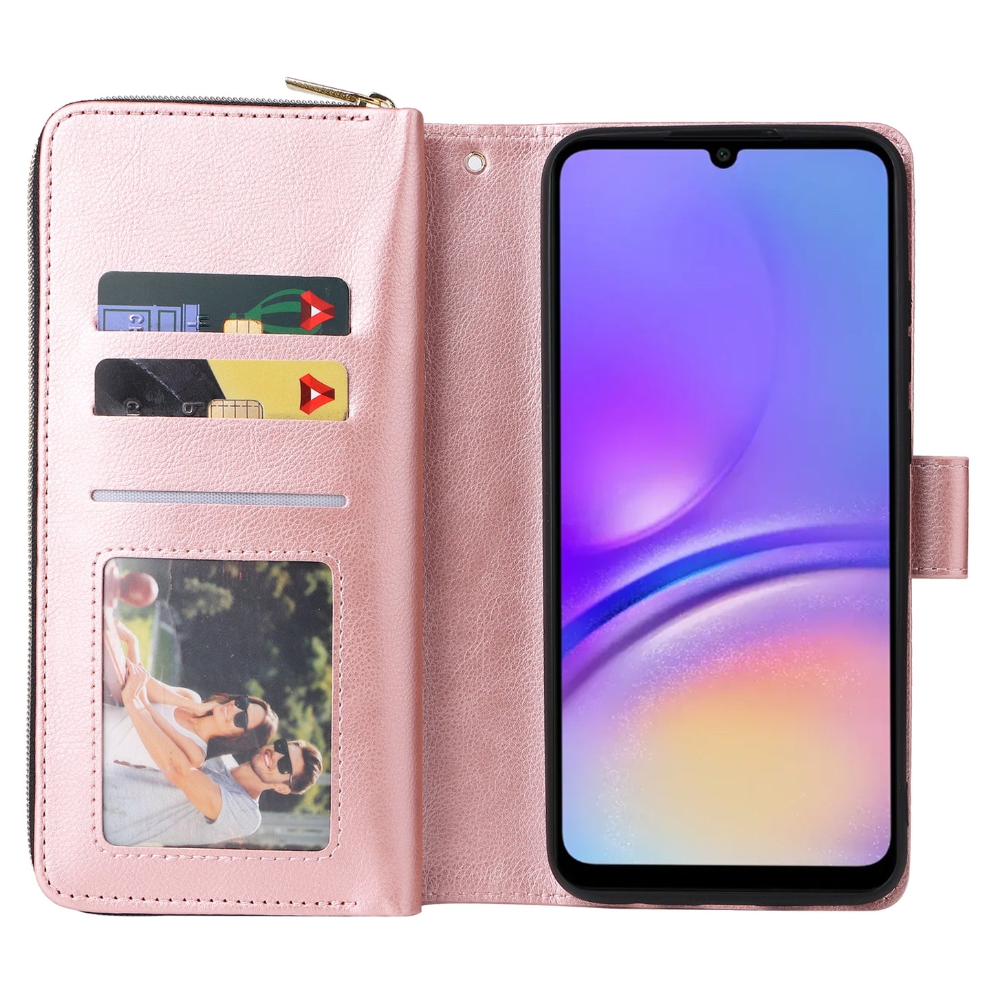 Samsung Galaxy A05 Leather Wallet Case with 9 Card Slots, Zipped Cash Pocket & Kickstand - Premium PU TPU Protective Cover with Wrist Strap