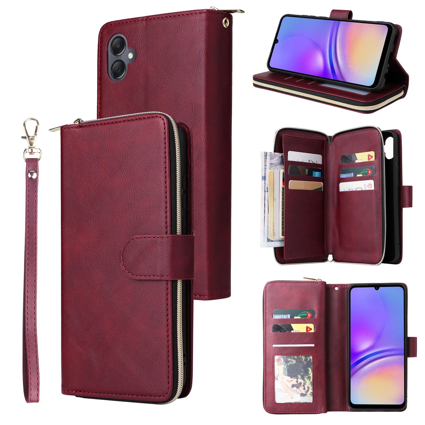 Samsung Galaxy A05 Leather Wallet Case with 9 Card Slots, Zipped Cash Pocket & Kickstand - Premium PU TPU Protective Cover with Wrist Strap