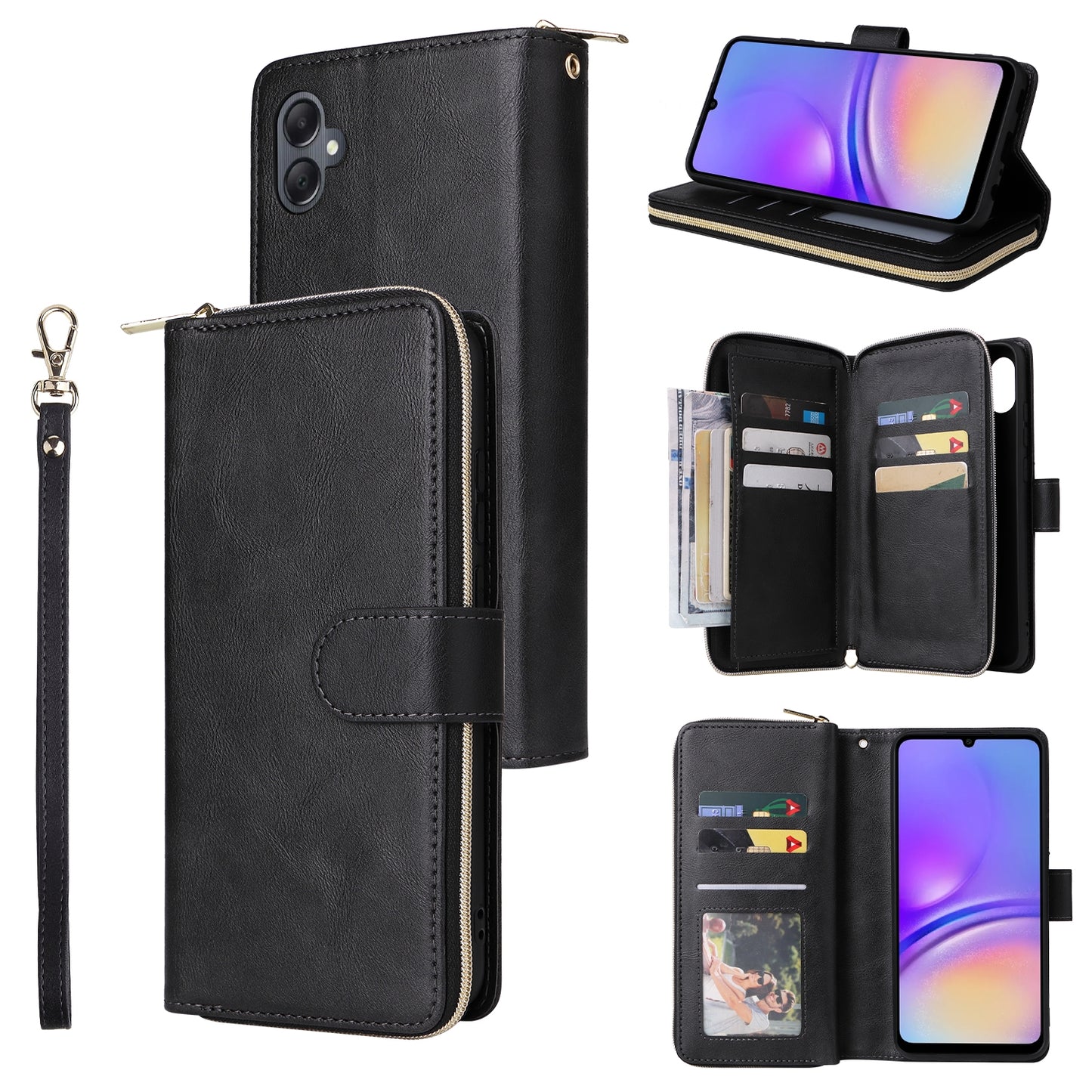 Samsung Galaxy A05 Leather Wallet Case with 9 Card Slots, Zipped Cash Pocket & Kickstand - Premium PU TPU Protective Cover with Wrist Strap