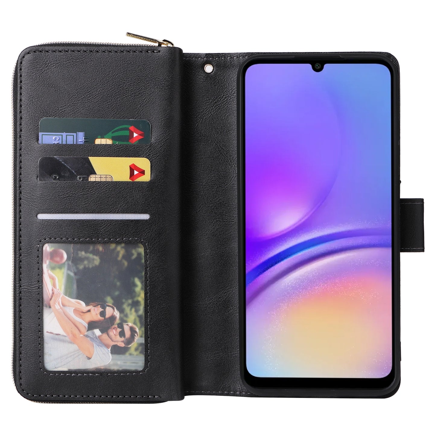 Samsung Galaxy A05 Leather Wallet Case with 9 Card Slots, Zipped Cash Pocket & Kickstand - Premium PU TPU Protective Cover with Wrist Strap