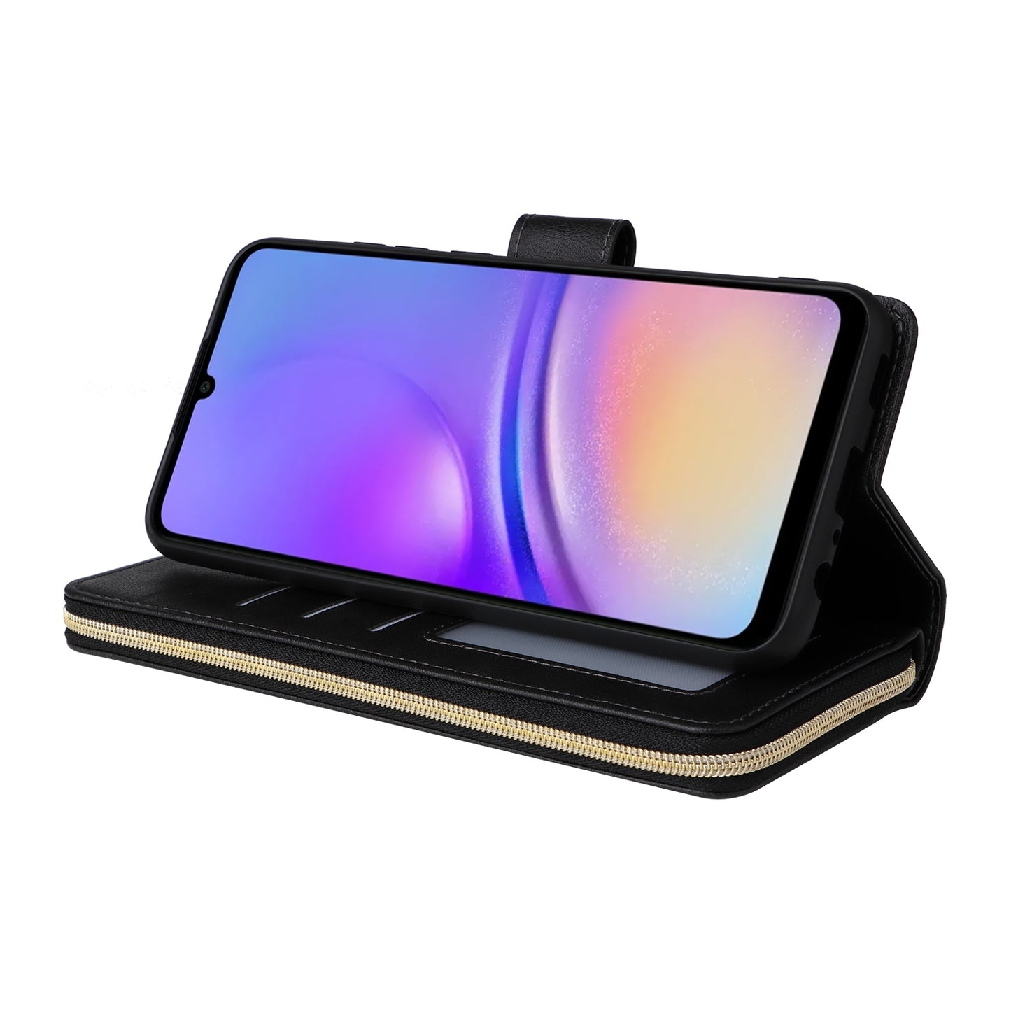 Samsung Galaxy A05 Leather Wallet Case with 9 Card Slots, Zipped Cash Pocket & Kickstand - Premium PU TPU Protective Cover with Wrist Strap