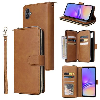 Samsung Galaxy A05 Leather Wallet Case with 9 Card Slots, Zipped Cash Pocket & Kickstand - Premium PU TPU Protective Cover with Wrist Strap