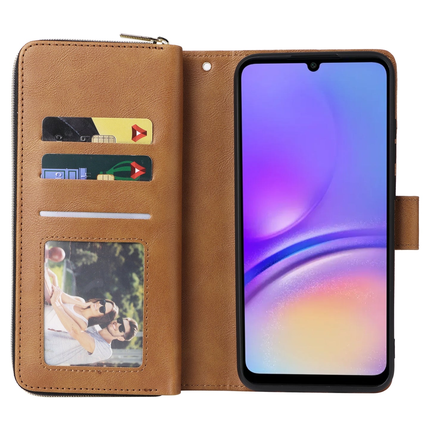 Samsung Galaxy A05 Leather Wallet Case with 9 Card Slots, Zipped Cash Pocket & Kickstand - Premium PU TPU Protective Cover with Wrist Strap