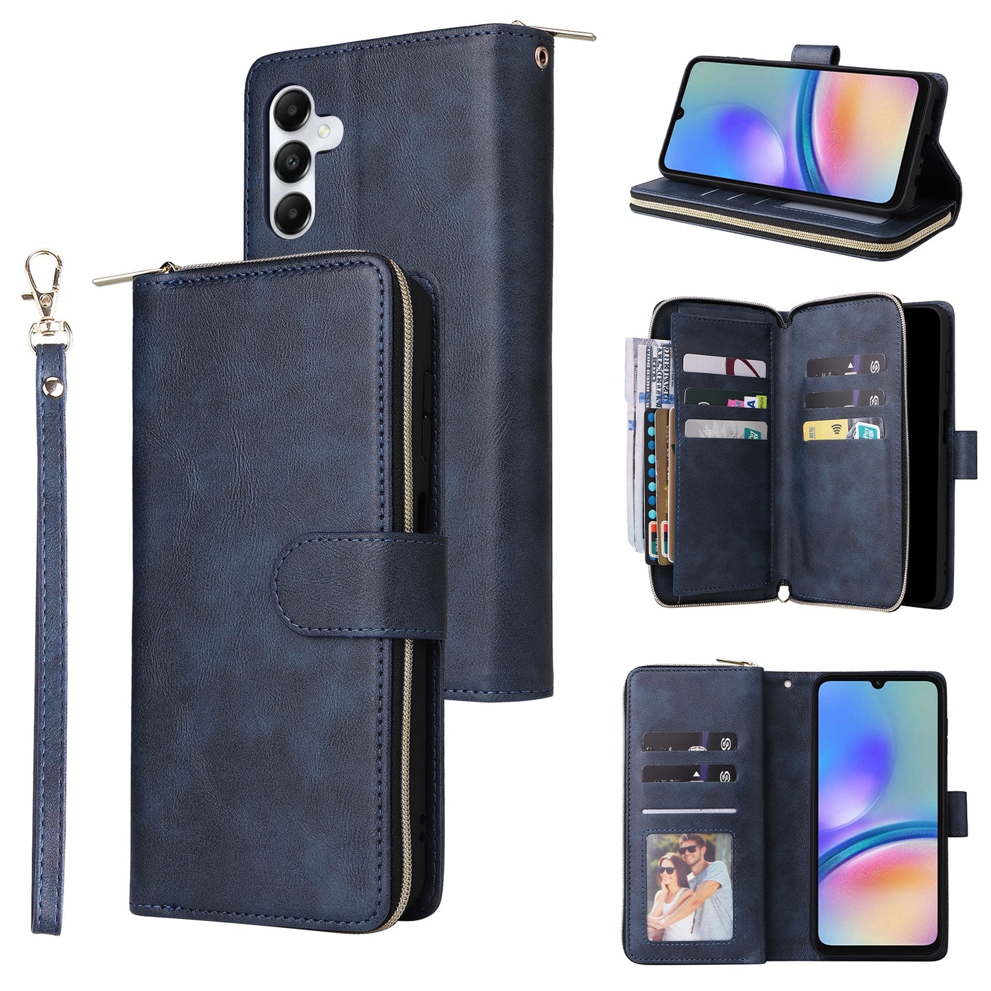 Samsung Galaxy A05s Leather Wallet Case with 9 Card Slots, Zipped Cash Pocket & Kickstand - Premium PU TPU Protective Cover with Wrist Strap