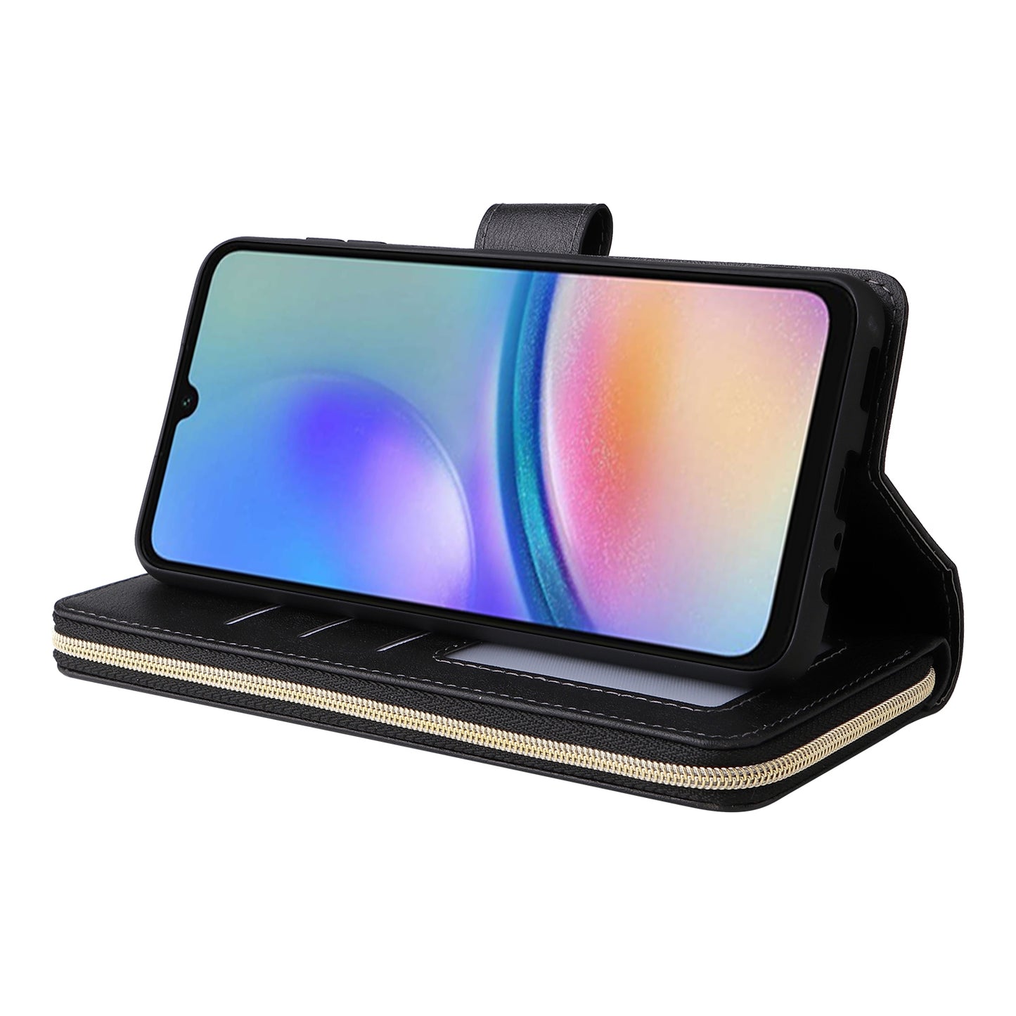 Samsung Galaxy A05s Leather Wallet Case with 9 Card Slots, Zipped Cash Pocket & Kickstand - Premium PU TPU Protective Cover with Wrist Strap