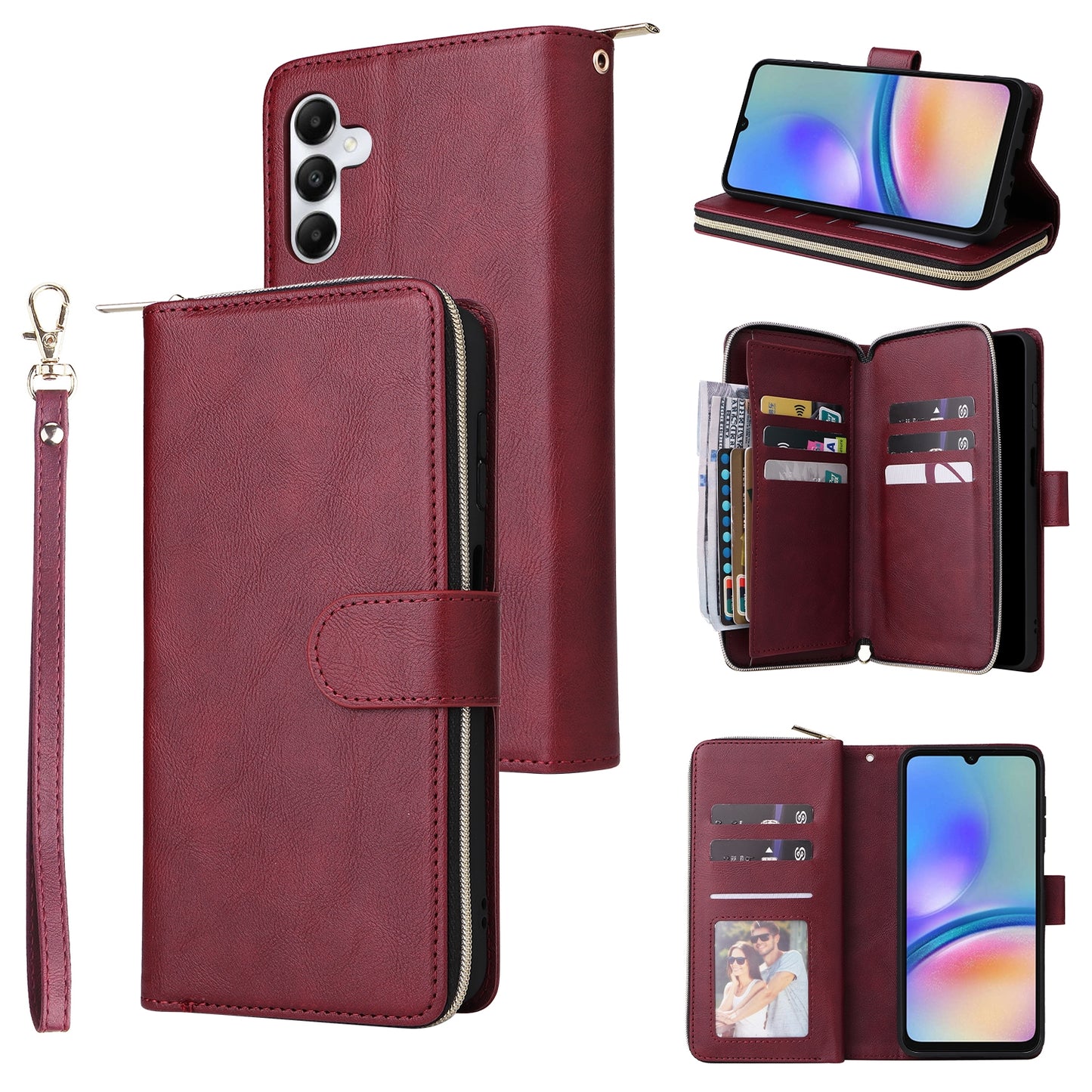 Samsung Galaxy A05s Leather Wallet Case with 9 Card Slots, Zipped Cash Pocket & Kickstand - Premium PU TPU Protective Cover with Wrist Strap