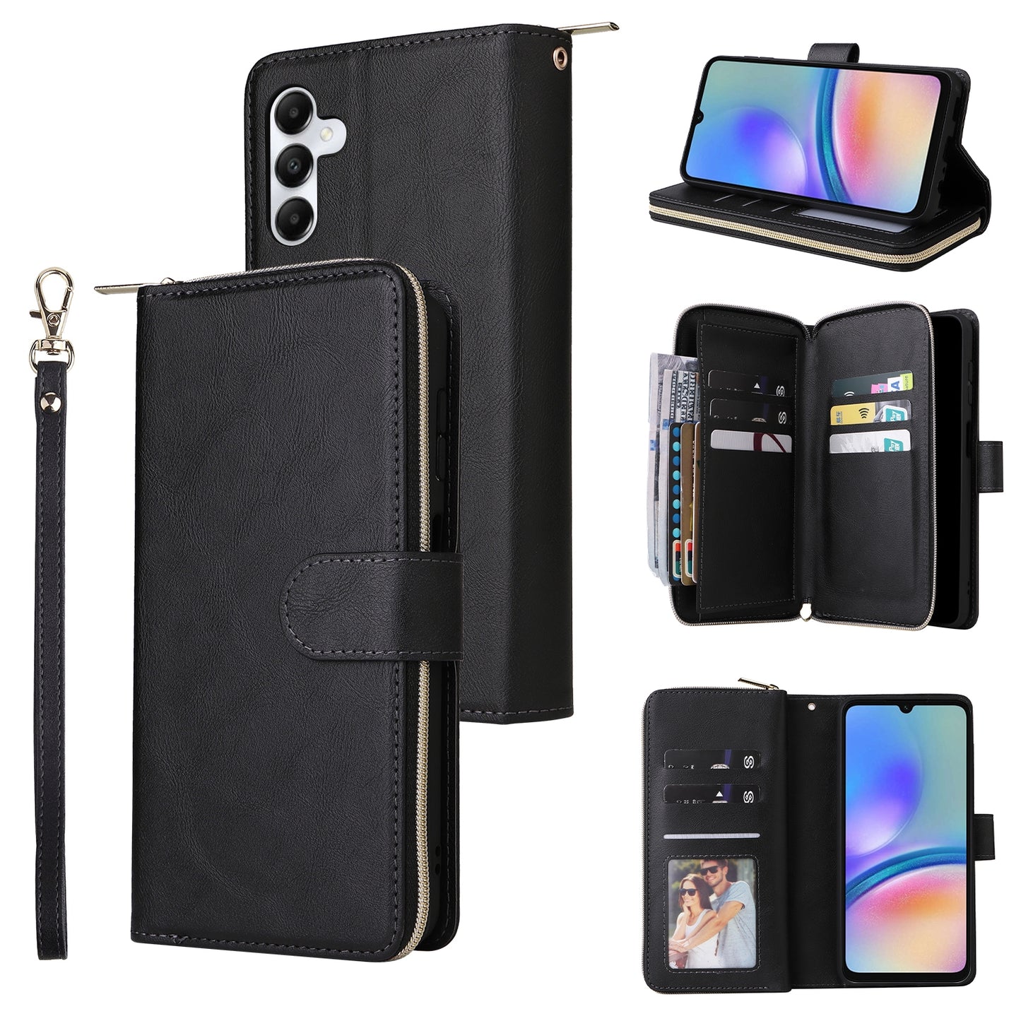 Samsung Galaxy A05s Leather Wallet Case with 9 Card Slots, Zipped Cash Pocket & Kickstand - Premium PU TPU Protective Cover with Wrist Strap