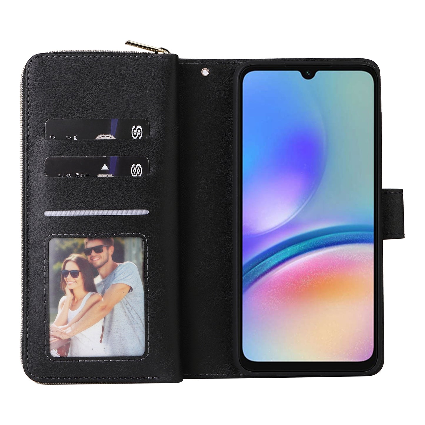 Samsung Galaxy A05s Leather Wallet Case with 9 Card Slots, Zipped Cash Pocket & Kickstand - Premium PU TPU Protective Cover with Wrist Strap