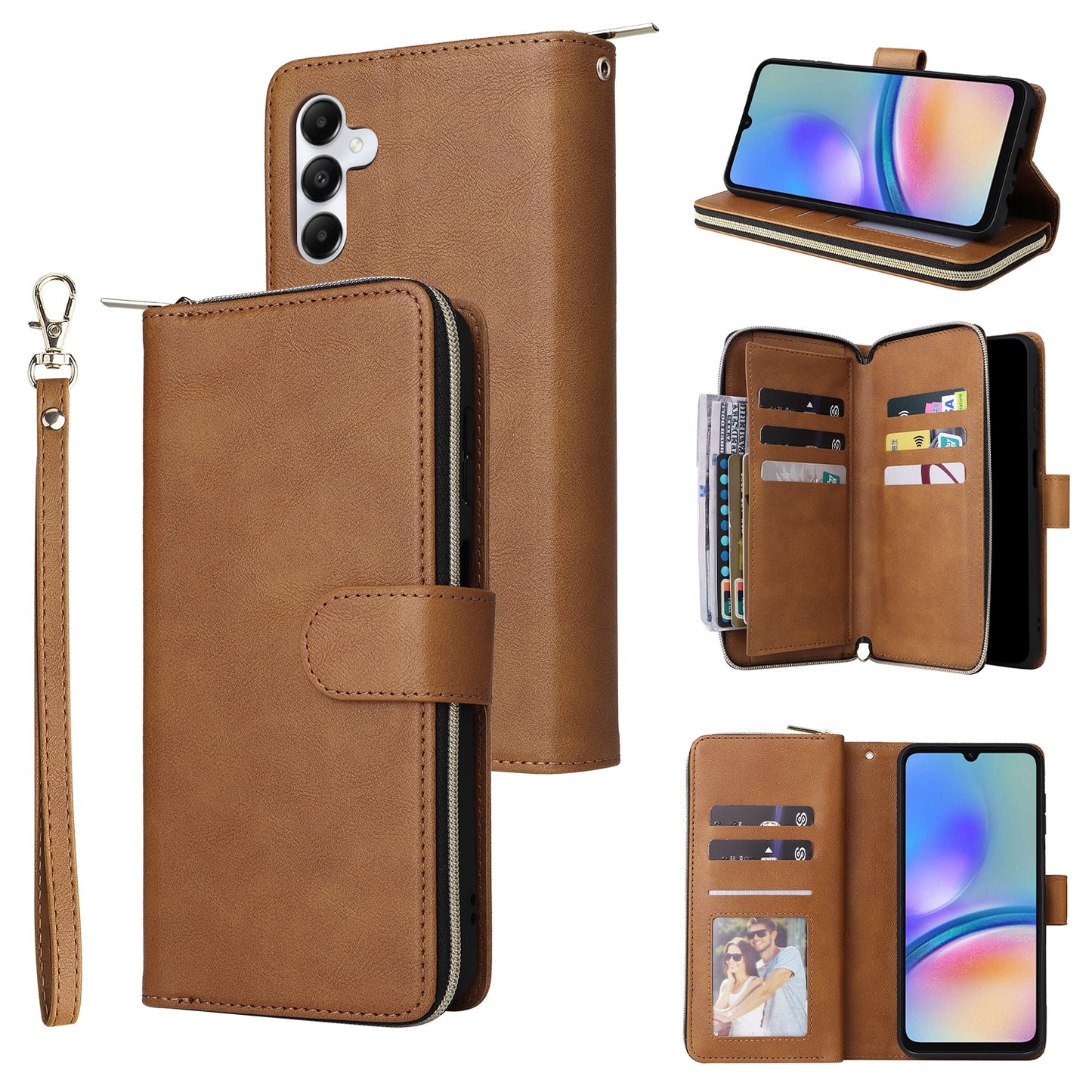 Samsung Galaxy A05s Leather Wallet Case with 9 Card Slots, Zipped Cash Pocket & Kickstand - Premium PU TPU Protective Cover with Wrist Strap