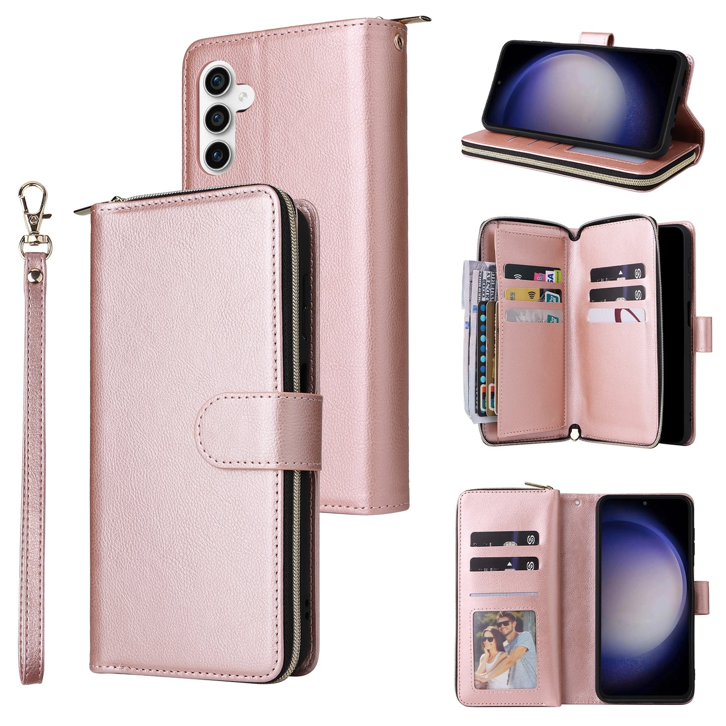 Samsung Galaxy S23 FE 5G Leather Wallet Case with 9 Card Slots, Zipped Cash Pocket & Kickstand - Premium PU TPU Protective Cover with Wrist Strap