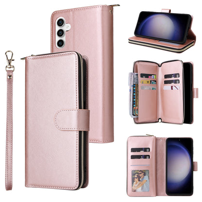 Samsung Galaxy S23 FE 5G Leather Wallet Case with 9 Card Slots, Zipped Cash Pocket & Kickstand - Premium PU TPU Protective Cover with Wrist Strap