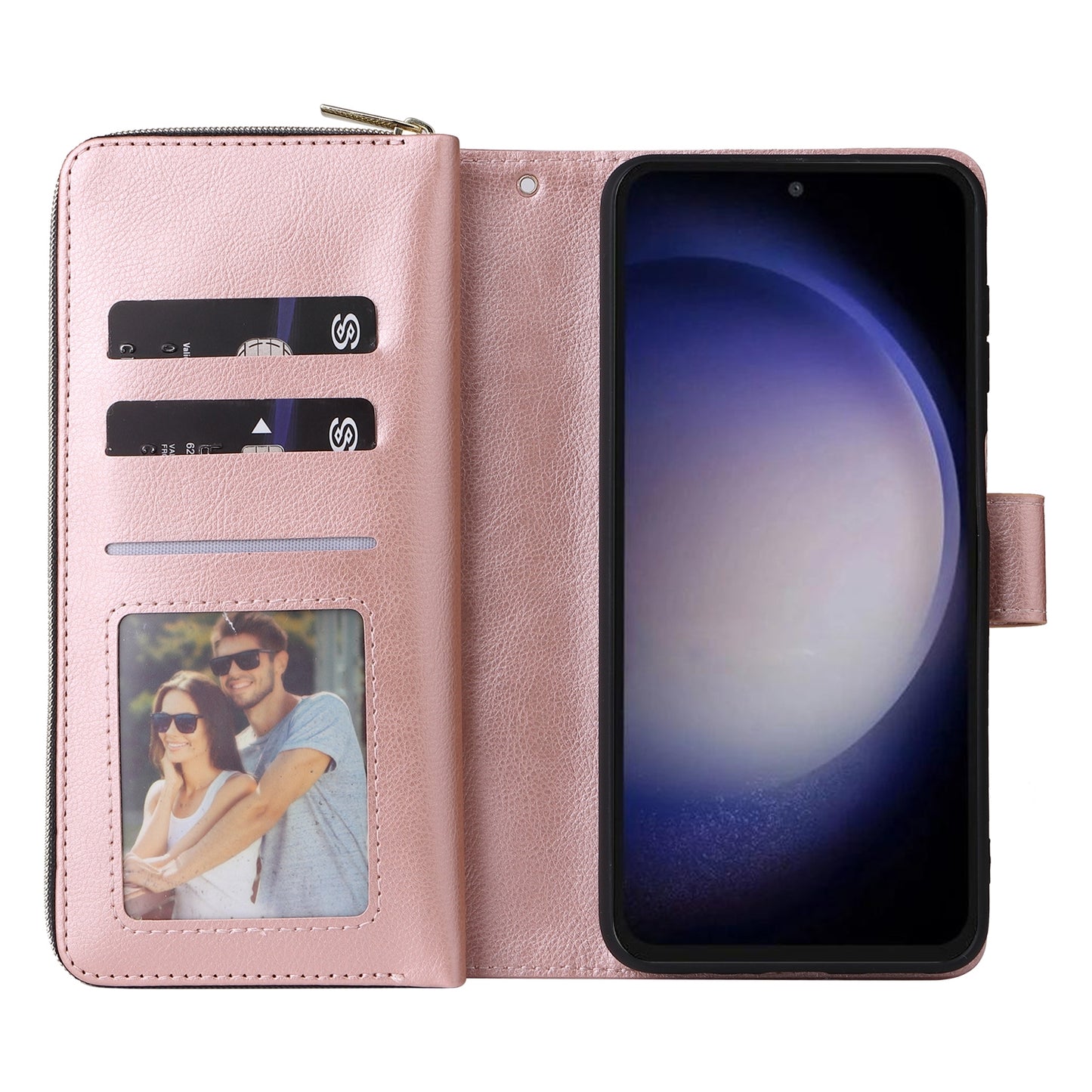 Samsung Galaxy S23 FE 5G Leather Wallet Case with 9 Card Slots, Zipped Cash Pocket & Kickstand - Premium PU TPU Protective Cover with Wrist Strap