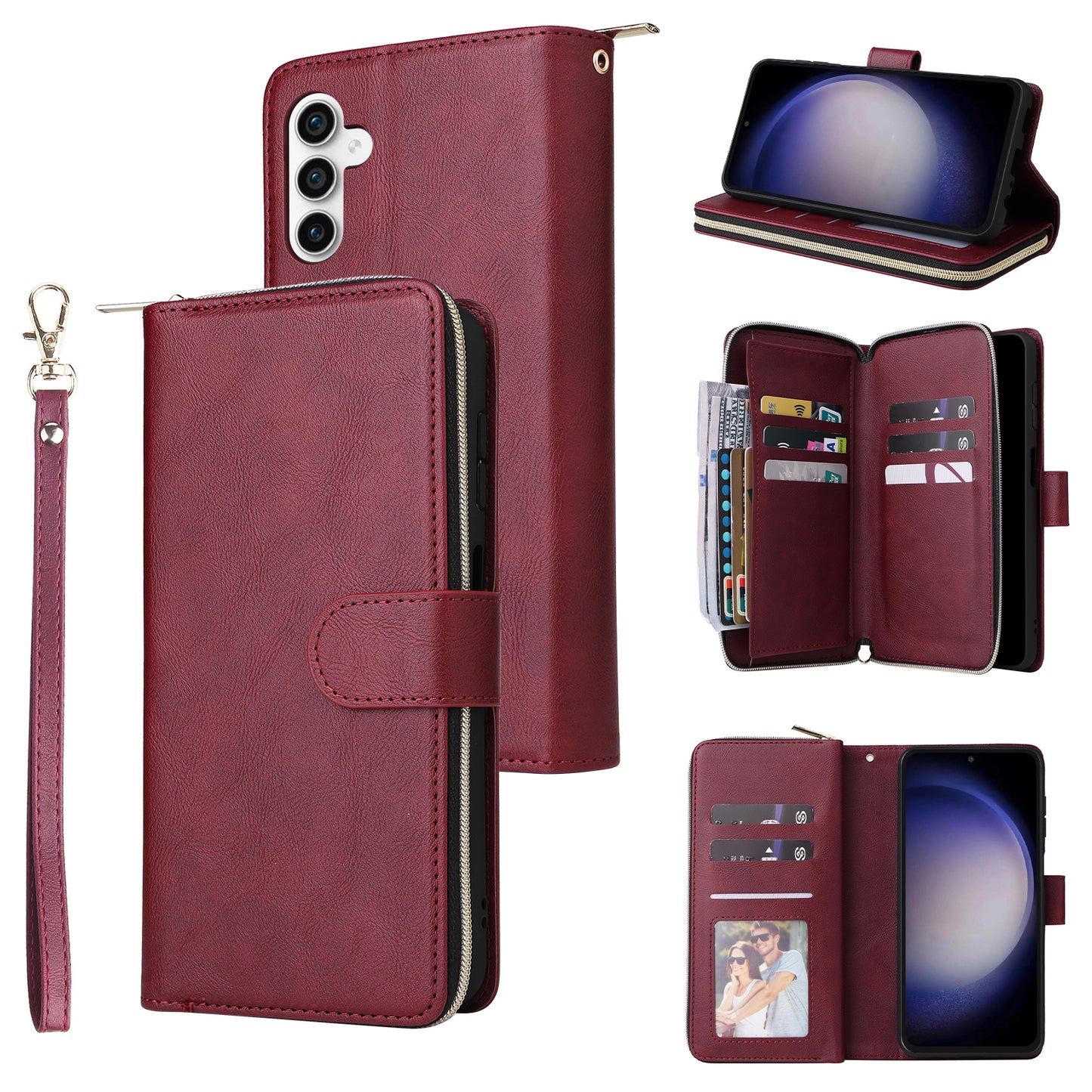 Samsung Galaxy S23 FE 5G Leather Wallet Case with 9 Card Slots, Zipped Cash Pocket & Kickstand - Premium PU TPU Protective Cover with Wrist Strap