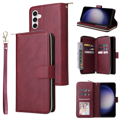 Samsung Galaxy S23 FE 5G Leather Wallet Case with 9 Card Slots, Zipped Cash Pocket & Kickstand - Premium PU TPU Protective Cover with Wrist Strap