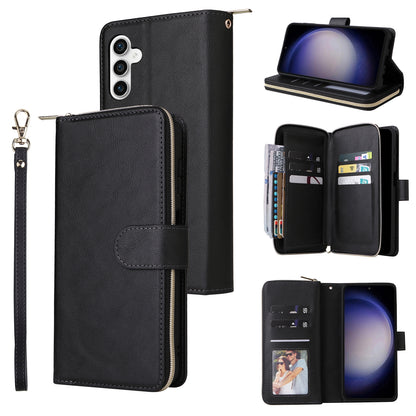 Samsung Galaxy S23 FE 5G Leather Wallet Case with 9 Card Slots, Zipped Cash Pocket & Kickstand - Premium PU TPU Protective Cover with Wrist Strap