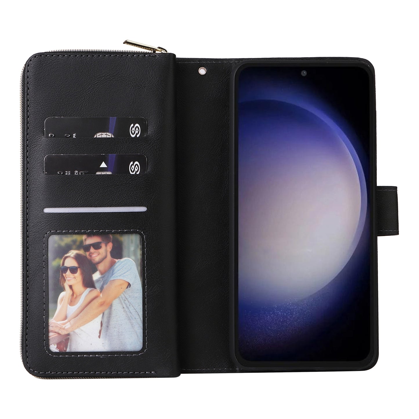 Samsung Galaxy S23 FE 5G Leather Wallet Case with 9 Card Slots, Zipped Cash Pocket & Kickstand - Premium PU TPU Protective Cover with Wrist Strap