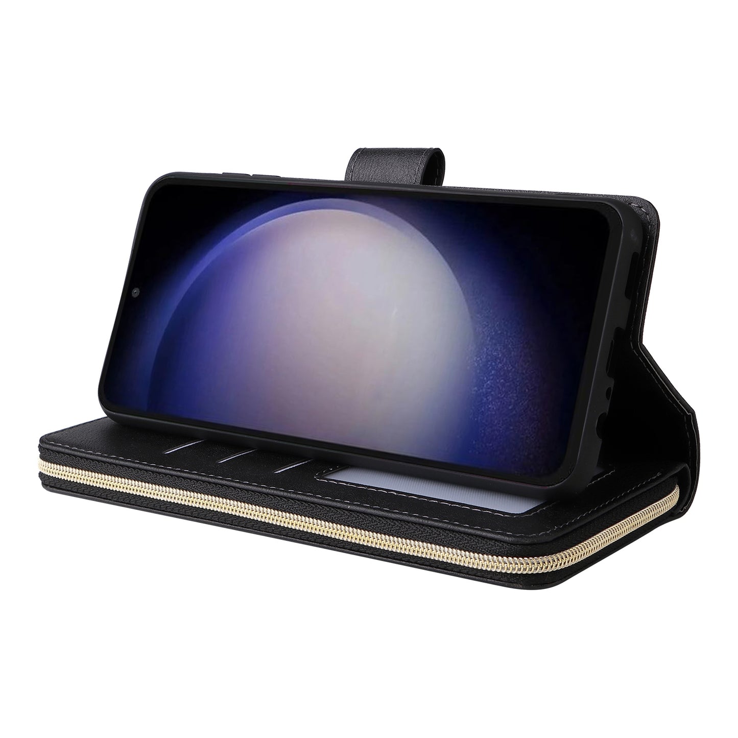 Samsung Galaxy S23 FE 5G Leather Wallet Case with 9 Card Slots, Zipped Cash Pocket & Kickstand - Premium PU TPU Protective Cover with Wrist Strap