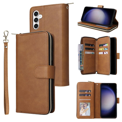 Samsung Galaxy S23 FE 5G Leather Wallet Case with 9 Card Slots, Zipped Cash Pocket & Kickstand - Premium PU TPU Protective Cover with Wrist Strap