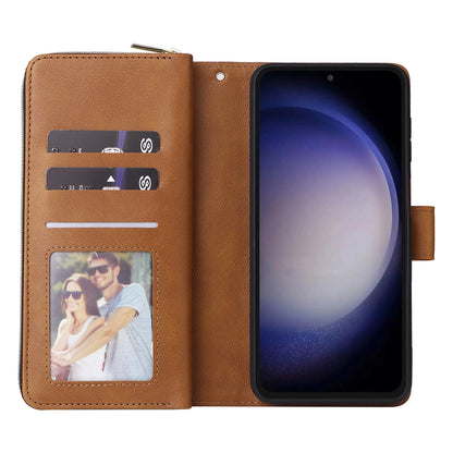 Samsung Galaxy S23 FE 5G Leather Wallet Case with 9 Card Slots, Zipped Cash Pocket & Kickstand - Premium PU TPU Protective Cover with Wrist Strap