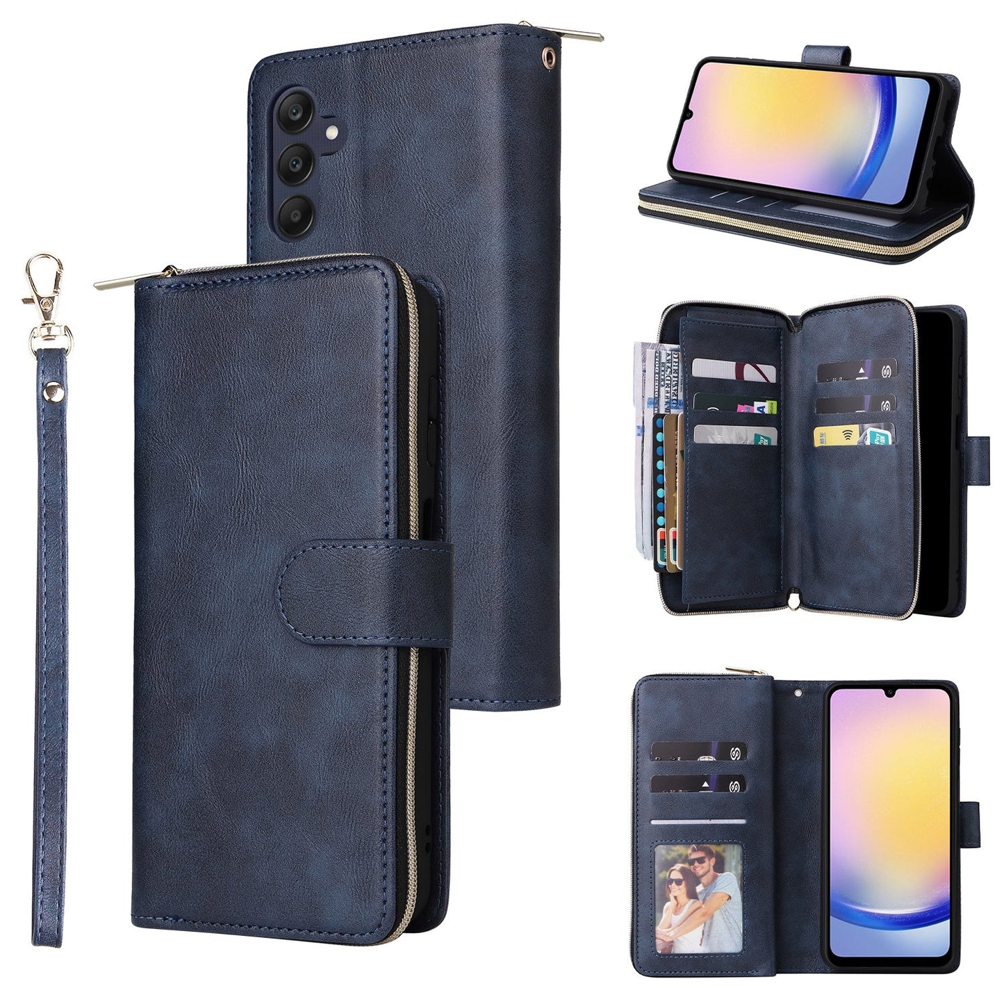 Samsung Galaxy A25 Leather Wallet Case with 9 Card Slots, Zipped Cash Pocket & Kickstand - Premium PU TPU Protective Cover with Wrist Strap