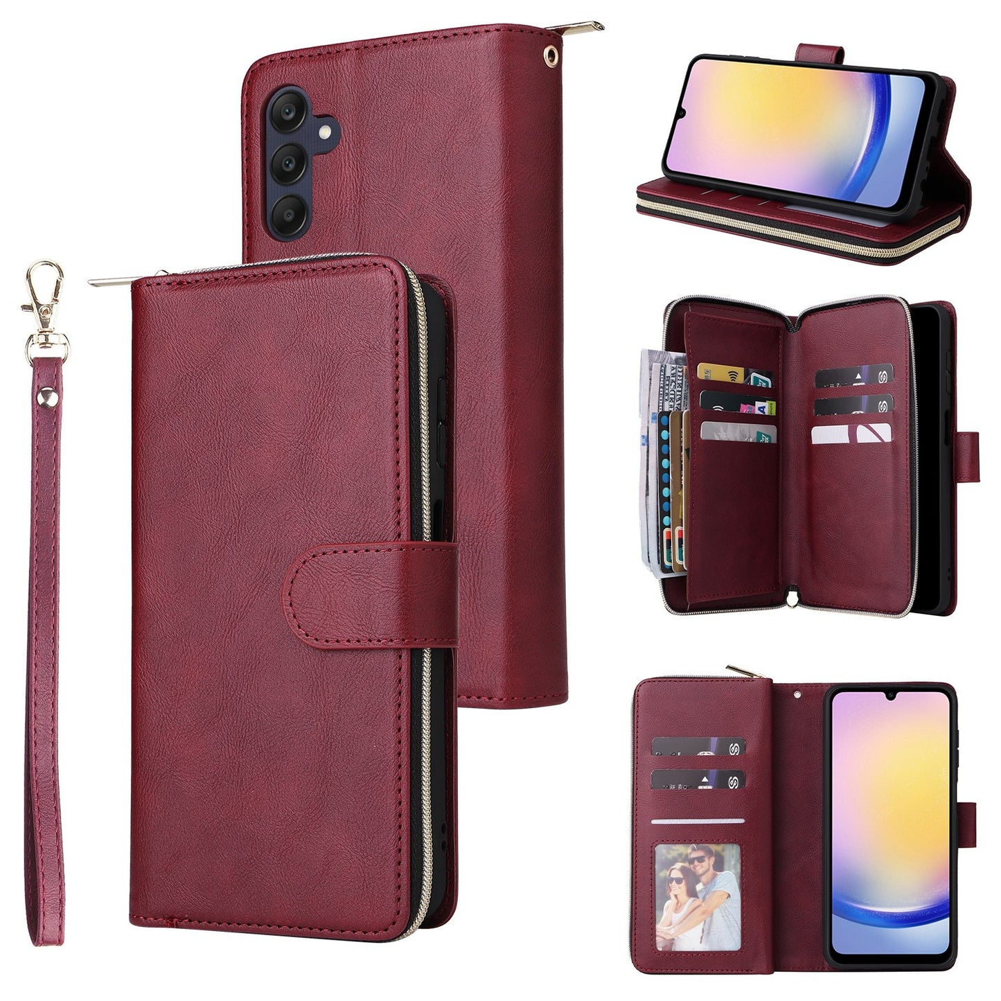Samsung Galaxy A25 Leather Wallet Case with 9 Card Slots, Zipped Cash Pocket & Kickstand - Premium PU TPU Protective Cover with Wrist Strap