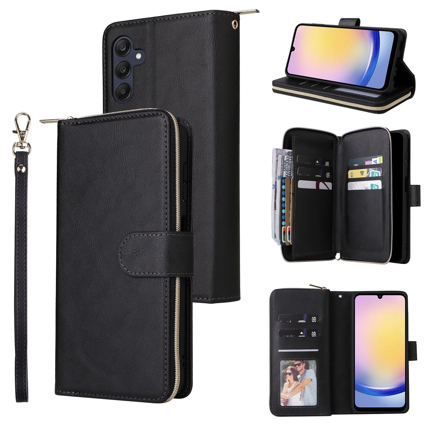 Samsung Galaxy A25 Leather Wallet Case with 9 Card Slots, Zipped Cash Pocket & Kickstand - Premium PU TPU Protective Cover with Wrist Strap