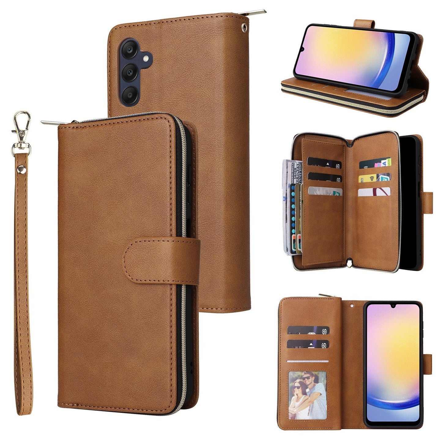 Samsung Galaxy A25 Leather Wallet Case with 9 Card Slots, Zipped Cash Pocket & Kickstand - Premium PU TPU Protective Cover with Wrist Strap