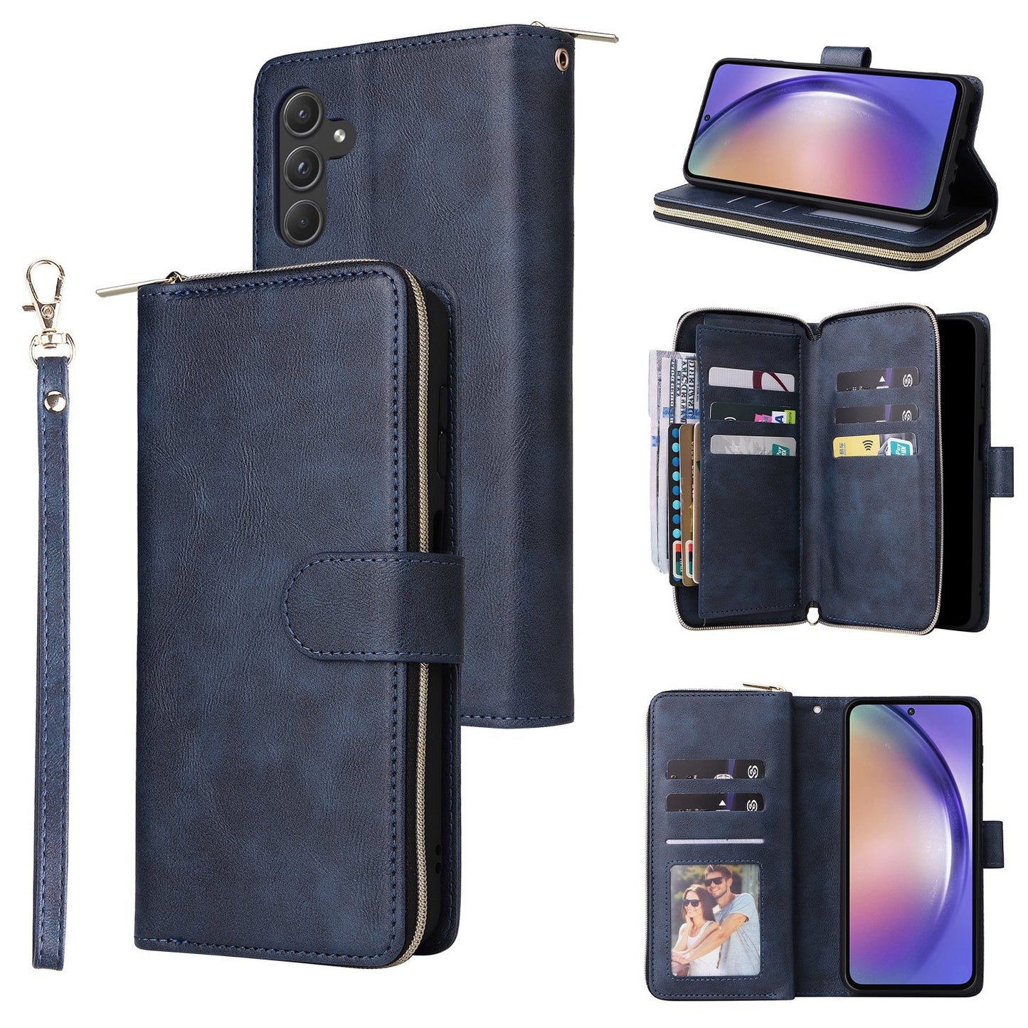 Samsung Galaxy A55 Leather Wallet Case with 9 Card Slots, Zipped Cash Pocket & Kickstand - Premium PU TPU Protective Cover with Wrist Strap