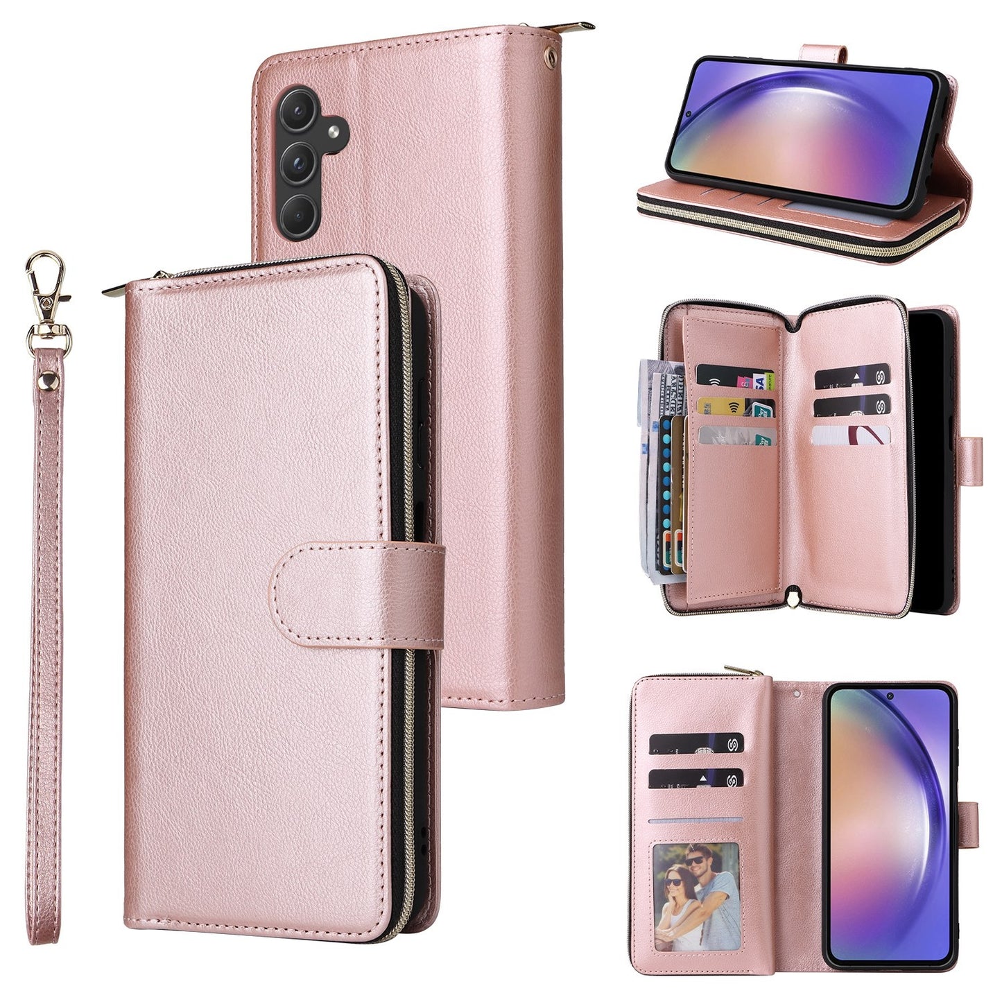Samsung Galaxy A55 Leather Wallet Case with 9 Card Slots, Zipped Cash Pocket & Kickstand - Premium PU TPU Protective Cover with Wrist Strap