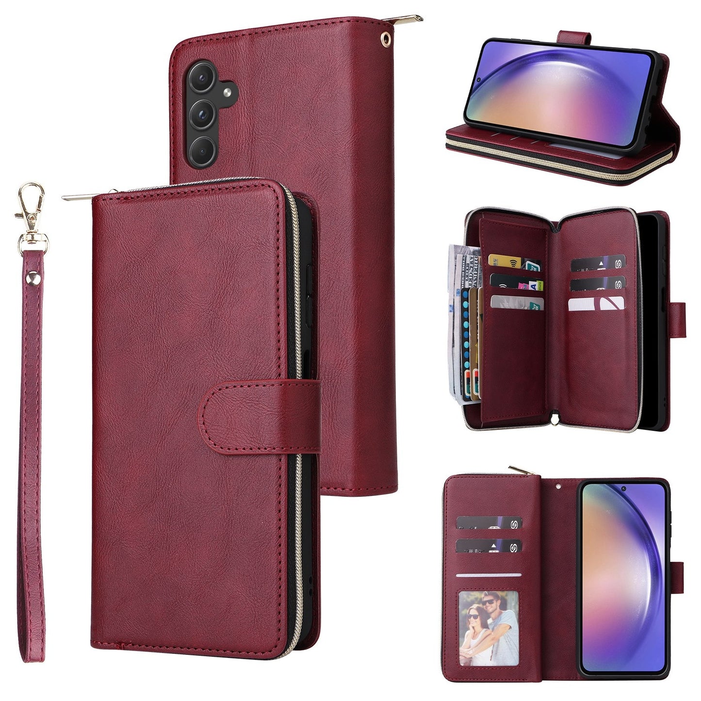 Samsung Galaxy A55 Leather Wallet Case with 9 Card Slots, Zipped Cash Pocket & Kickstand - Premium PU TPU Protective Cover with Wrist Strap