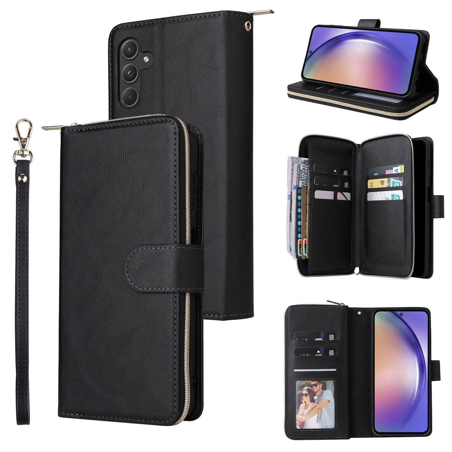 Samsung Galaxy A55 Leather Wallet Case with 9 Card Slots, Zipped Cash Pocket & Kickstand - Premium PU TPU Protective Cover with Wrist Strap