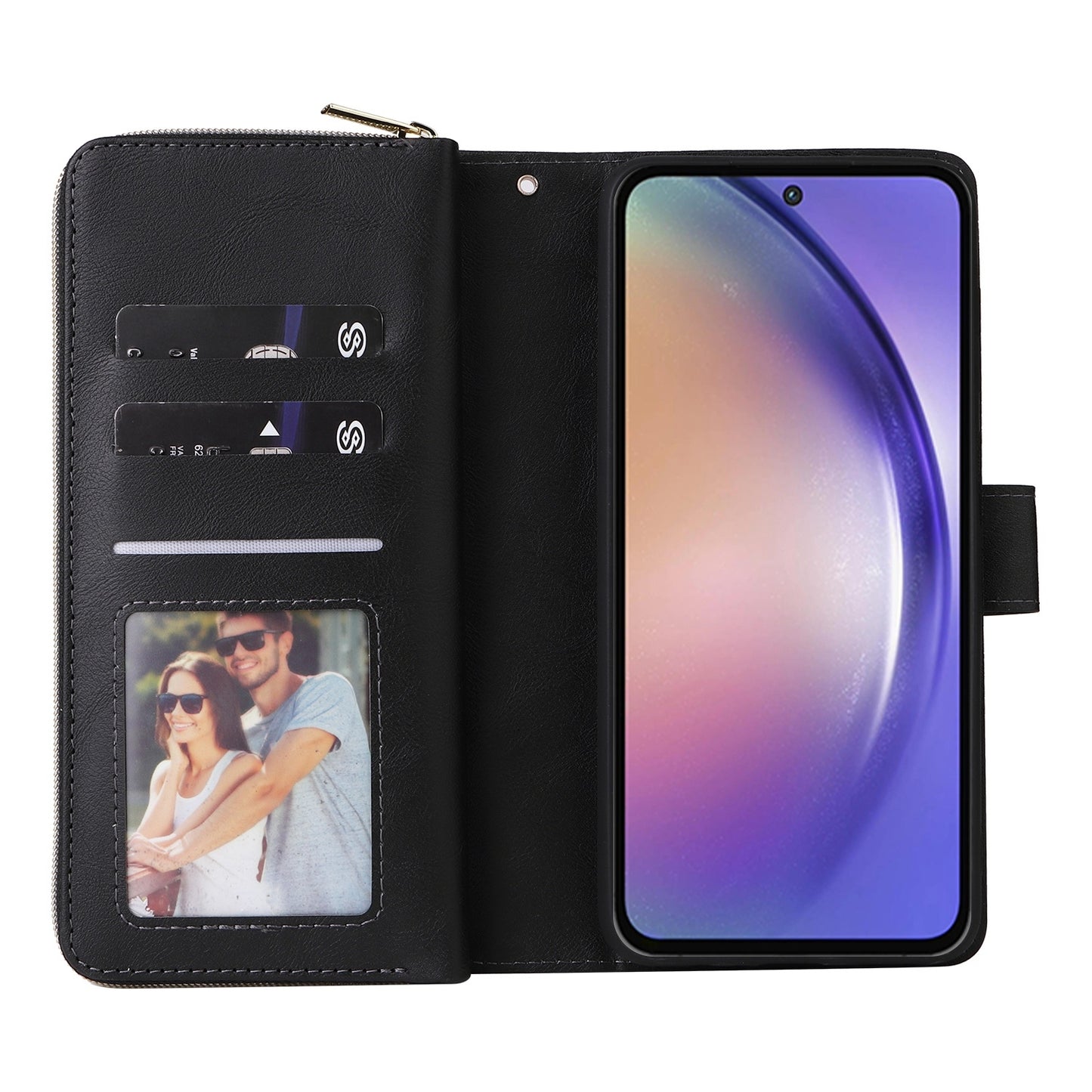 Samsung Galaxy A55 Leather Wallet Case with 9 Card Slots, Zipped Cash Pocket & Kickstand - Premium PU TPU Protective Cover with Wrist Strap