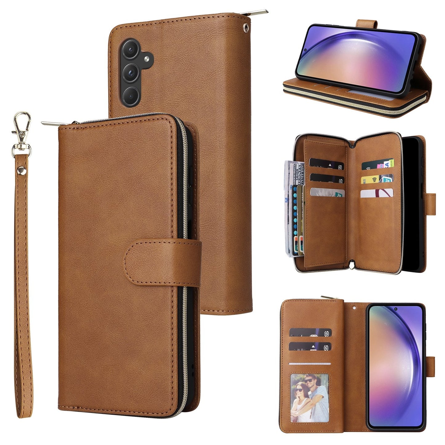 Samsung Galaxy A55 Leather Wallet Case with 9 Card Slots, Zipped Cash Pocket & Kickstand - Premium PU TPU Protective Cover with Wrist Strap