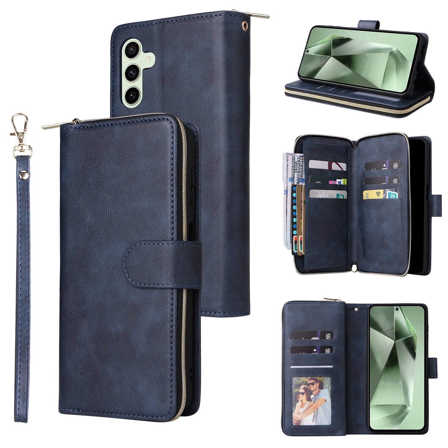 Samsung Galaxy S24 FE 5G Leather Wallet Case with 9 Card Slots, Zipped Cash Pocket & Kickstand - Premium PU TPU Protective Cover with Wrist Strap