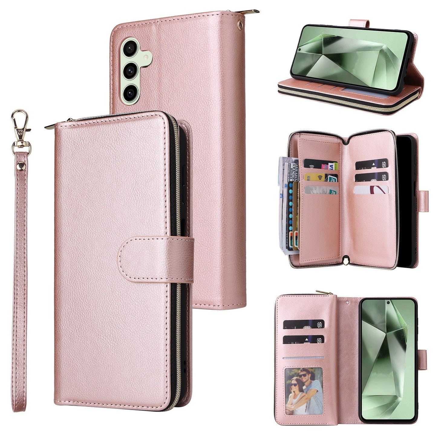 Samsung Galaxy S24 FE 5G Leather Wallet Case with 9 Card Slots, Zipped Cash Pocket & Kickstand - Premium PU TPU Protective Cover with Wrist Strap