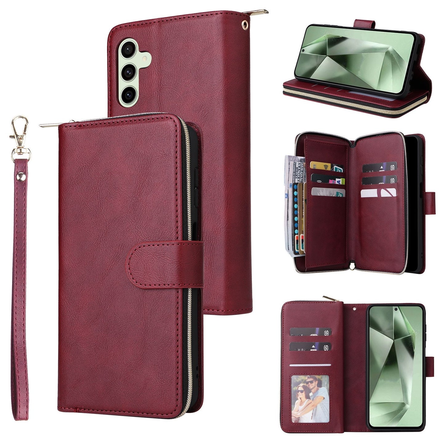 Samsung Galaxy S24 FE 5G Leather Wallet Case with 9 Card Slots, Zipped Cash Pocket & Kickstand - Premium PU TPU Protective Cover with Wrist Strap