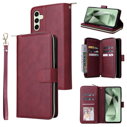 Samsung Galaxy S24 FE 5G Leather Wallet Case with 9 Card Slots, Zipped Cash Pocket & Kickstand - Premium PU TPU Protective Cover with Wrist Strap
