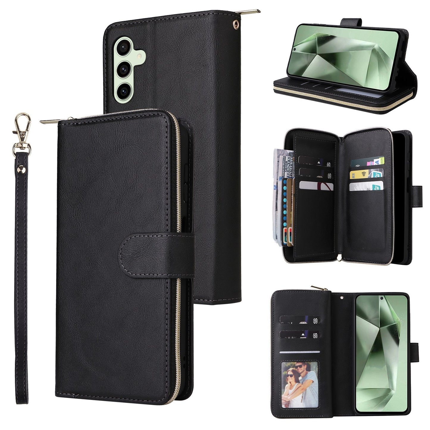 Samsung Galaxy S24 FE 5G Leather Wallet Case with 9 Card Slots, Zipped Cash Pocket & Kickstand - Premium PU TPU Protective Cover with Wrist Strap