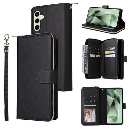 Samsung Galaxy S24 FE 5G Leather Wallet Case with 9 Card Slots, Zipped Cash Pocket & Kickstand - Premium PU TPU Protective Cover with Wrist Strap