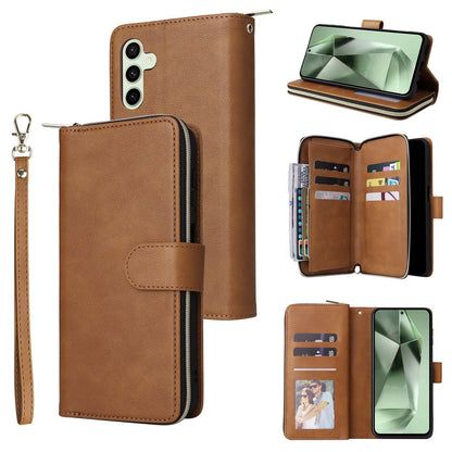 Samsung Galaxy S24 FE 5G Leather Wallet Case with 9 Card Slots, Zipped Cash Pocket & Kickstand - Premium PU TPU Protective Cover with Wrist Strap