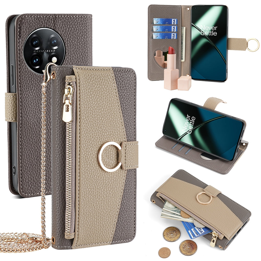 OnePlus Ace 2 Crossbody Phone Case with Litchi Texture Leather, Adjustable Kickstand, Card Slots, Zipper Purse, Makeup Mirror, and TPU Protection