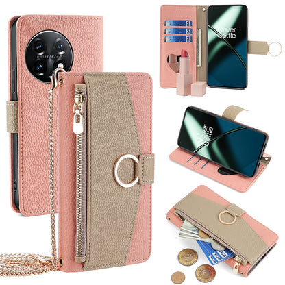 OnePlus 11R Crossbody Phone Case with Litchi Texture Leather, Adjustable Kickstand, Card Slots, Zipper Purse, Makeup Mirror, and TPU Protection